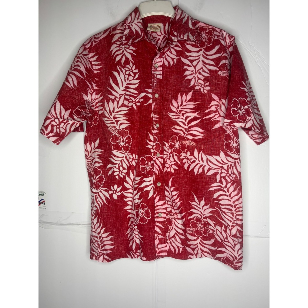 Go Barefoot Mens Red‎ White Floral Hawaiian Shirt Cotton Short Sleeve Large USA